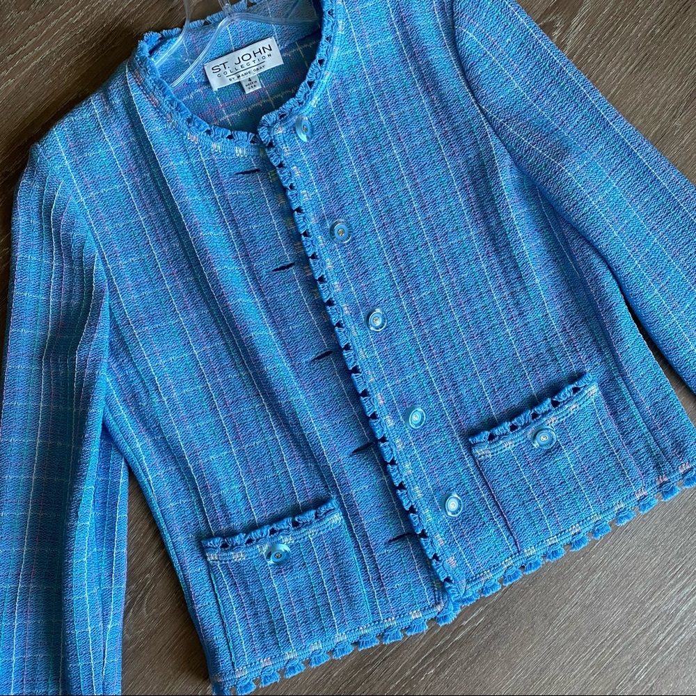 St John Marie Gray Pastel Blue Soft Tweed Knit Jacket Sz 4 (Blackpink Jennie)
